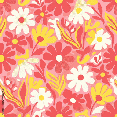 Retro floral pattern with pink, yellow and white daisies on coral background