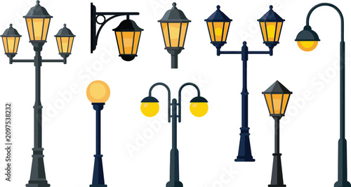 Photos Vintage street lamp and city lantern vector set with classic glowing lampposts w