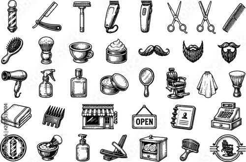 Fotografía Vintage barber shop elements collection straight razors scissors hair clippers b