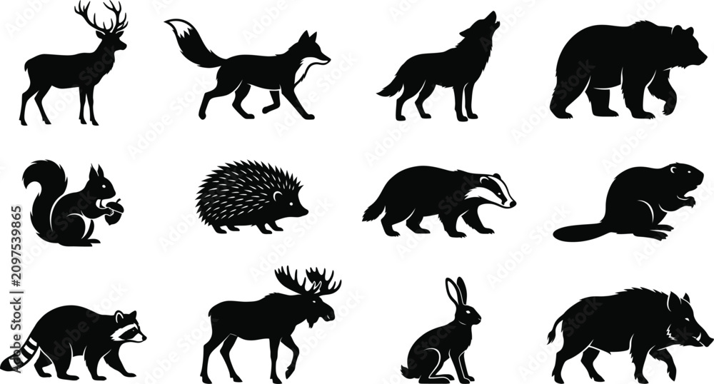 Fototapeta premium Forest woodland animals silhouette vector set, deer, fox, wolf, bear, moose wildlife 