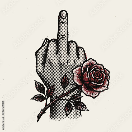 фотографія Hand making a rude gesture holding a vibrant red rose flower