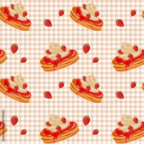 Watercolor strawberry waffle seamless pattern with whipped cream on gingham check background. Cozy sweet dessert hand drawn illustration.