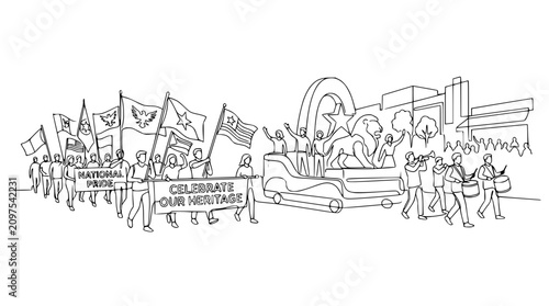 Bild auf Leinwand Parade Celebration: People Marching with Flags and Float, Showing National Pride