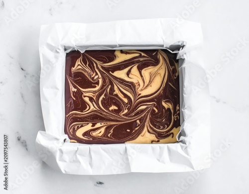 Rich chocolate and creamy vanilla batter swirled into a square baking pan
