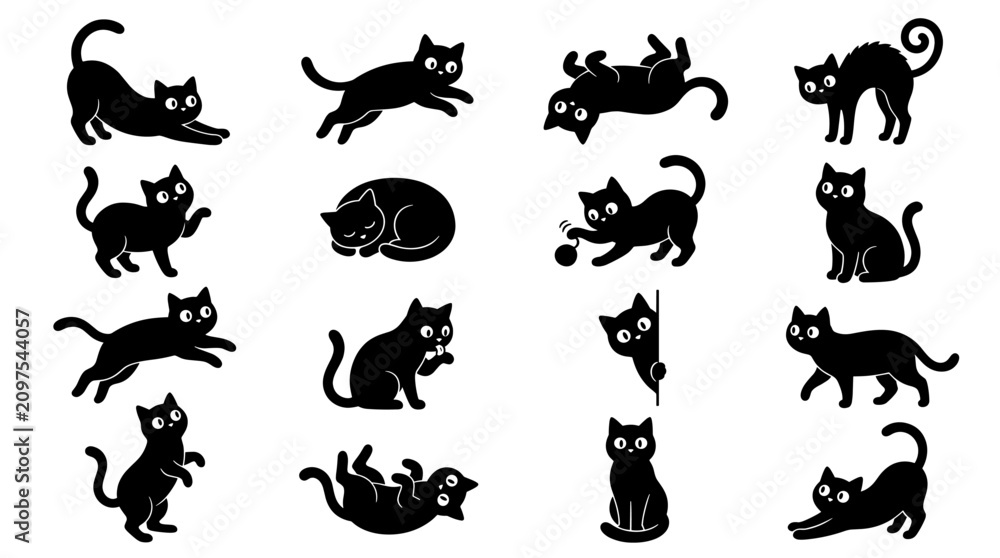 Naklejka premium Minimalist black cat silhouette graphics set.