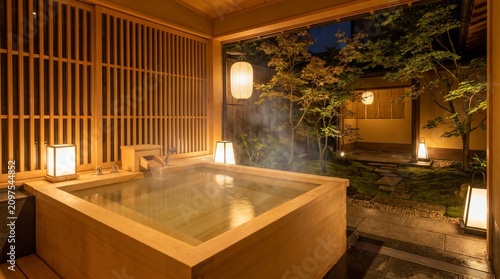 Luxury Hinoki Wood Onsen Bath with Steaming Water and Tranquil Moss Garden View at Night