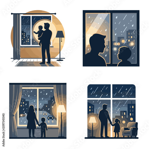 Family Silhouettes Watching Snowfall Through Windows.