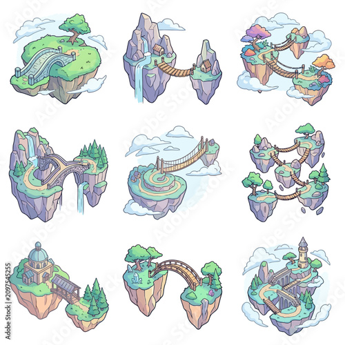 Fantastic floating islands with bridges and pathways in the sky