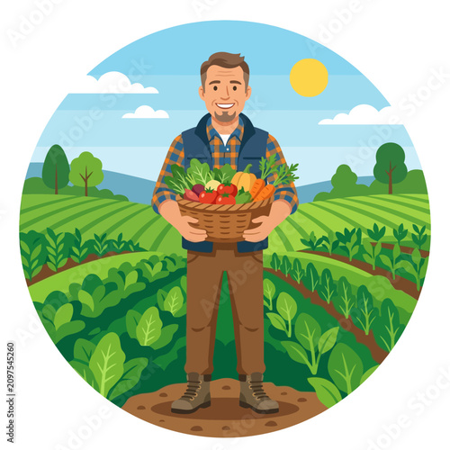 Farmer holding basket of fresh organic vegetables in sunny field illustration
