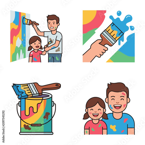 Family painting together with colorful brushes and paint.