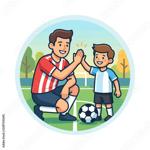 Father and son celebrating soccer goal together on field.