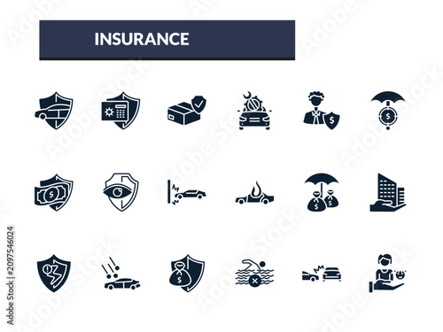 filled insurance icons set - cargo insurance, vehicle repair, beneficiary, finances. editable vector for web and mobile ui