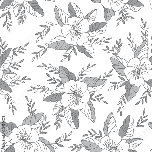 Floral pattern featuring large hand-drawn tropical blossoms surrounded. Perfect for wallpaper, home textiles, fashion fabrics, stationery, gift wrap, packaging and interior décor.   Vector background.
