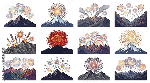 Festive fireworks display over mountain peaks celebration night sky