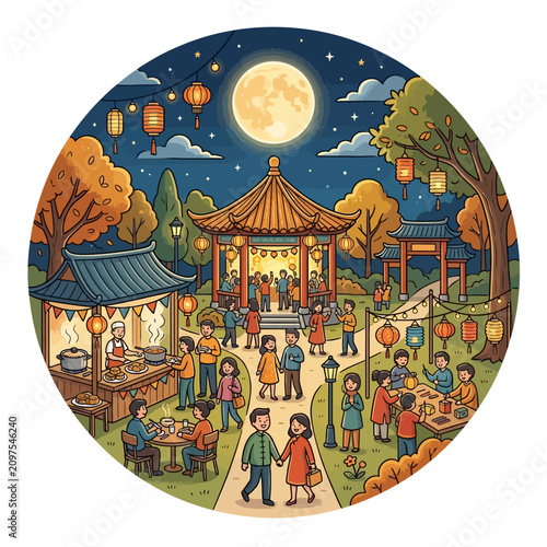 Festive night market gathering with lanterns and food stalls