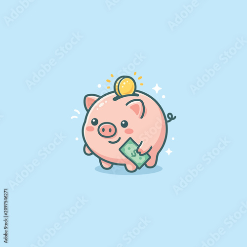 Photos Cute Pink Pig Holding Money.