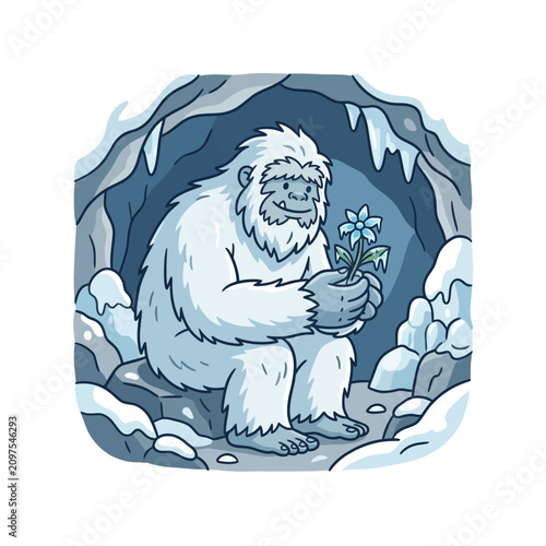 Fictional white creature holding a blue flower in snowy cave