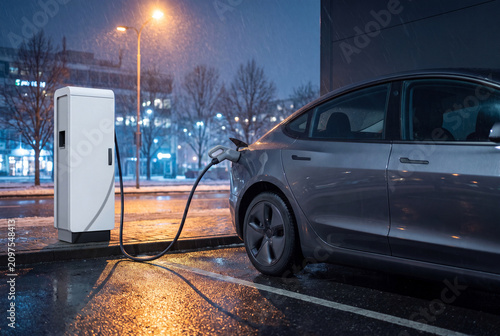 Electric car charging at smart city station on rainy night with sustainable technology