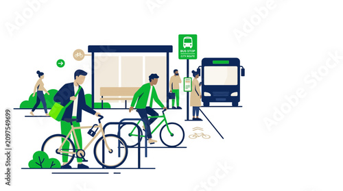 People commuting to work by bicycle and bus on a city street