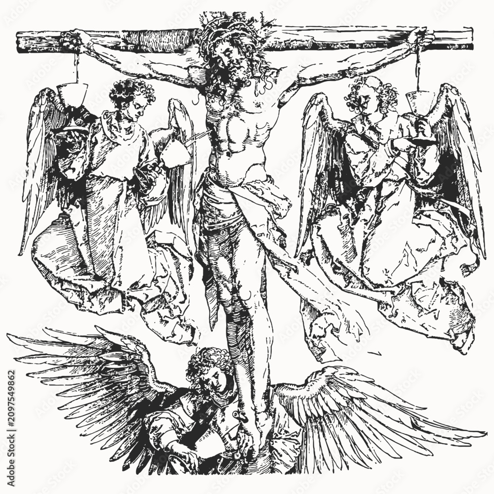 Obraz premium The Crucifixion with Mourning Angels, Historic Renaissance Woodcut Illustration