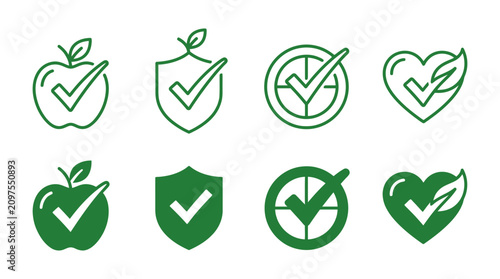Green eco friendly and healthy lifestyle checkmark icon collection with checkmark sustainability wellness collection