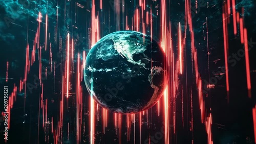 Planet earth surrounded by red glowing data streams charts directional arrows futuristic cyber technology representing global analytics artificial intelligence information flow digital transformation