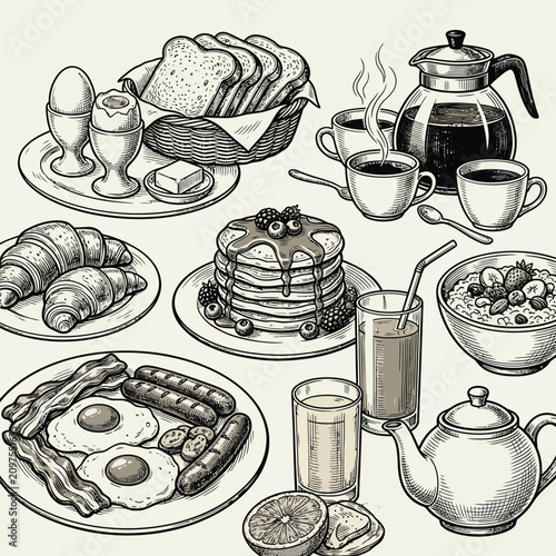 Fotografie Hand-drawn illustration of a lavish continental breakfast spread