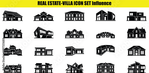 Collection of house shapes in a two tone style representing various architectural building forms shape form residential architecture dwelling home structure estate