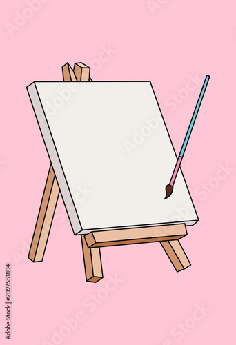 Vector Illustration of a Brush Painting on Blank Canvas on Easel Isolated on Pink Background. Art Template with Copy Space. Icon Design