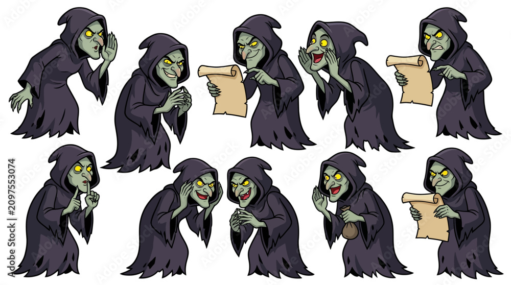 Fototapeta premium A collection of cartoon witch character poses in dark robes showing various facial expressions and gestures