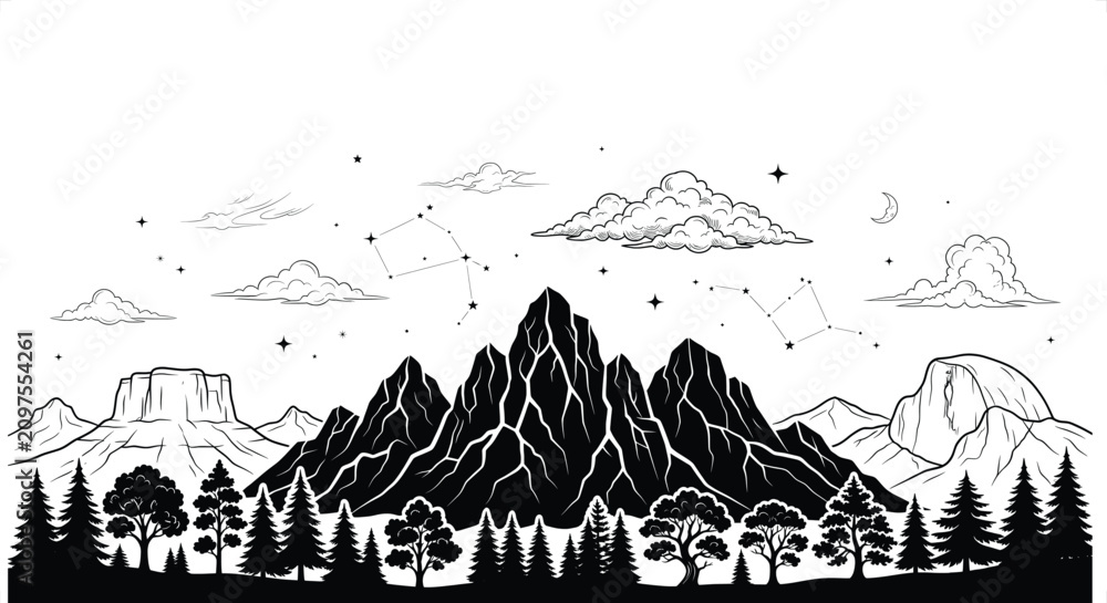 Obraz premium Majestic Mountain Range under Celestial Sky with Constellations and Clouds