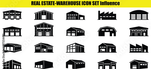 Collection of building structures including warehouses and factories in a two tone style warehouse factory buildings industrial commercial architecture property real estate