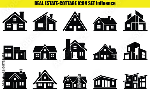 Collection of house shaped pictograms two tone style depicting various architectural building forms cottage houses buildings architecture residential dwelling home estate property