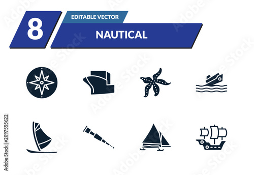 Canvastavla filled nautical icons set - azimuth compass, vessel, starfish with dots, capsizing
