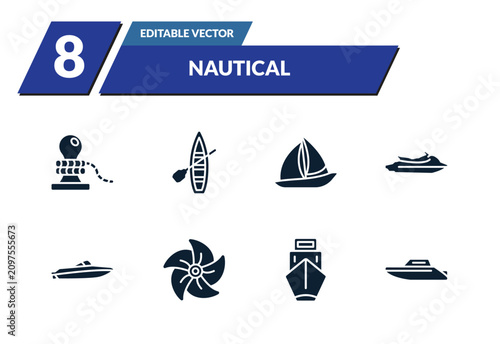 Konstfotografi filled nautical icons set - rope tied, skiff, windsail, watercraft
