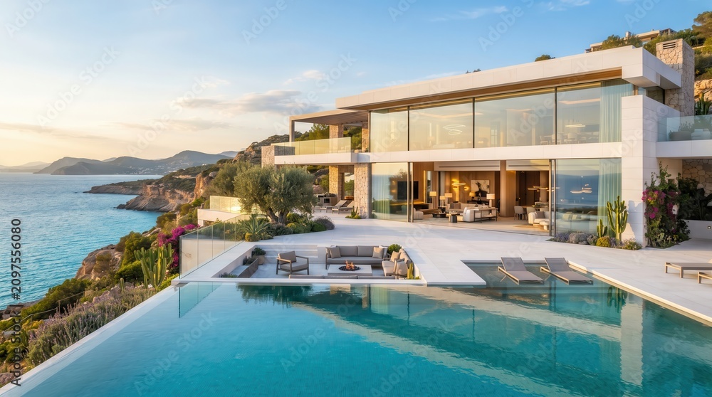 Fototapeta premium White modern seaside villa with glass walls and pool