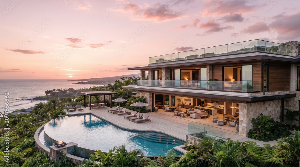 Fototapeta premium Modern hillside villa with curved pool and ocean sunset