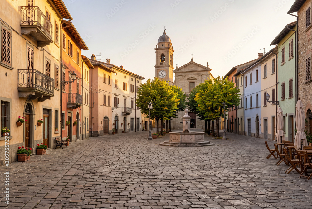 Fototapeta premium Charming European Cobblestone Town Square at Golden Hour