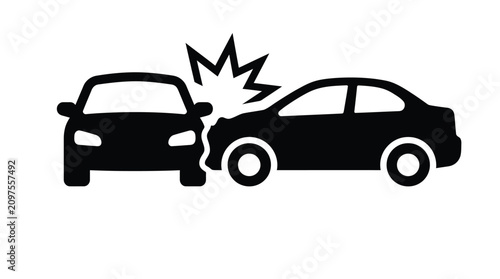 Simple black silhouette icon showing a vehicle collision involving two cars in a flat style