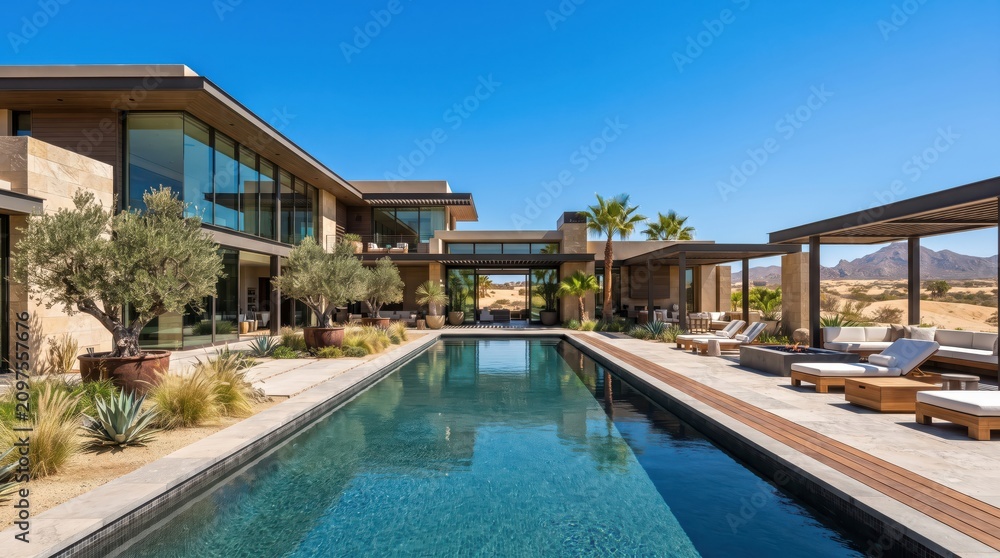 Fototapeta premium Desert modern home with pool palm trees and shaded seating