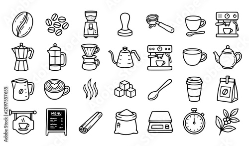 Принти на полотні Cafe and Specialty Coffee Brewing Line Icon Set Featuring Espresso Machine Maker