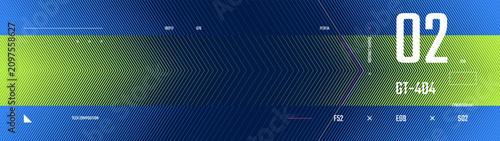 Neon blue and lime cybertech canvas features a sleek transition of arrow striped lines, creating a tactical sci-fi geometric halftone texture integrated with futuristic HUD elements and UI data