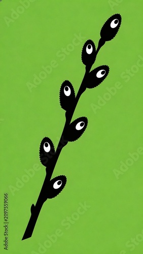 Minimal black branch with oval buds and white eyes on bright green background, playful surreal mood, ideal for modern decor and quirky nature themes
