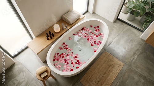 Luxury white bathtub with floating rose petals in modern spa interior