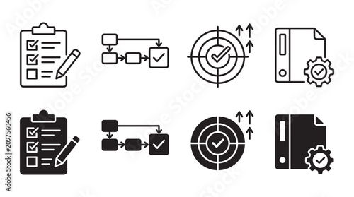 Business workflow and strategic planning icons for task management and quality control with workflow planning business