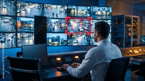 man in security control room monitors screens showing traffic surveillance, urban city night street cameras, crime prevention, technology and monitoring concept.