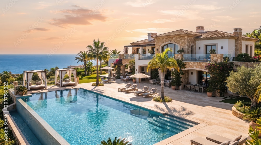 Fototapeta premium Mediterranean seaside villa with infinity pool and cabanas