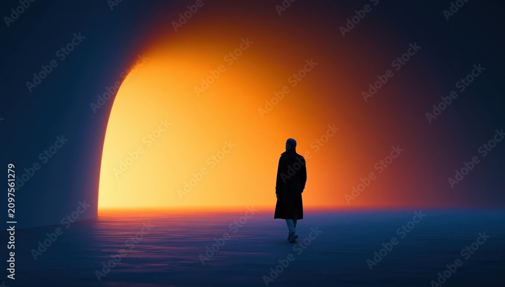 Fototapeta premium Silhouette of a mysterious person walking toward a glowing orange light portal