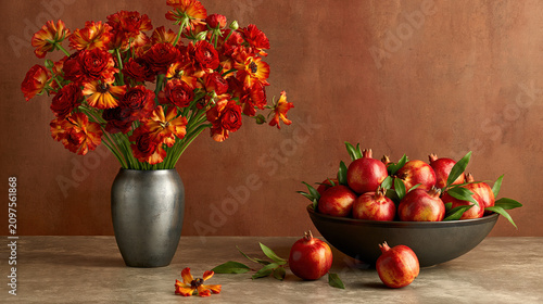 Vibrant flowers in a vase with pomegranates on a wooden surface