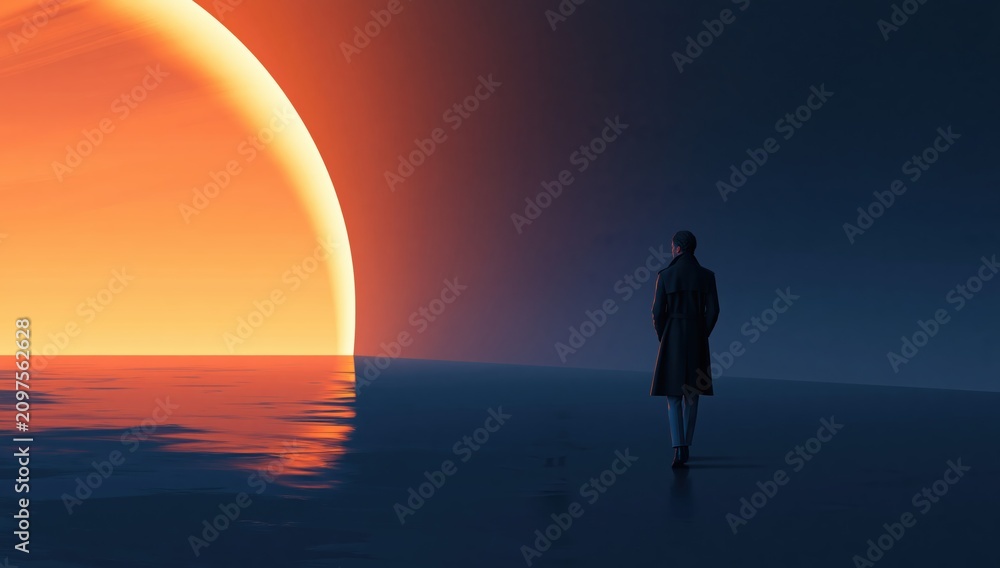 Fototapeta premium Solitude of a lone silhouette walking on the ocean towards a surreal sunset horizon